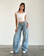 Roomy Extra Wide Low Rise Jeans in Washed Blue Green - Image 2