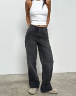 Mid Rise Turn Up Straight Jeans in Washed Black Grey - Image 4