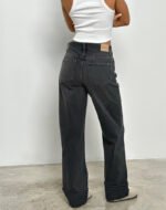 Mid Rise Turn Up Straight Jeans in Washed Black Grey - Image 3
