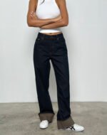 Mid Rise Turn Up Straight Jeans in Indigo - Image 4