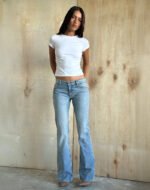 Rigid Low Rise Flare Jeans in Bright Blue Used - Image 3