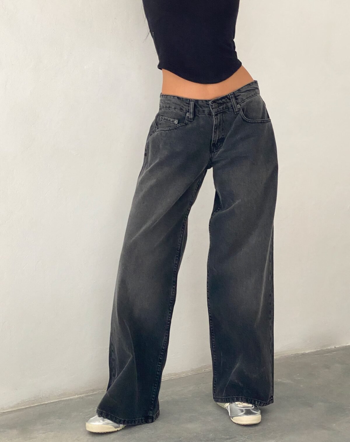 Roomy Extra Wide Low Rise Jeans in Washed Black Grey - Image 1
